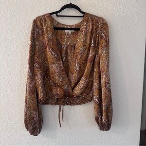 Pinch Paisley Print Blouse Women’s Large Boho Long Sleeve Smocked Waist Brown
